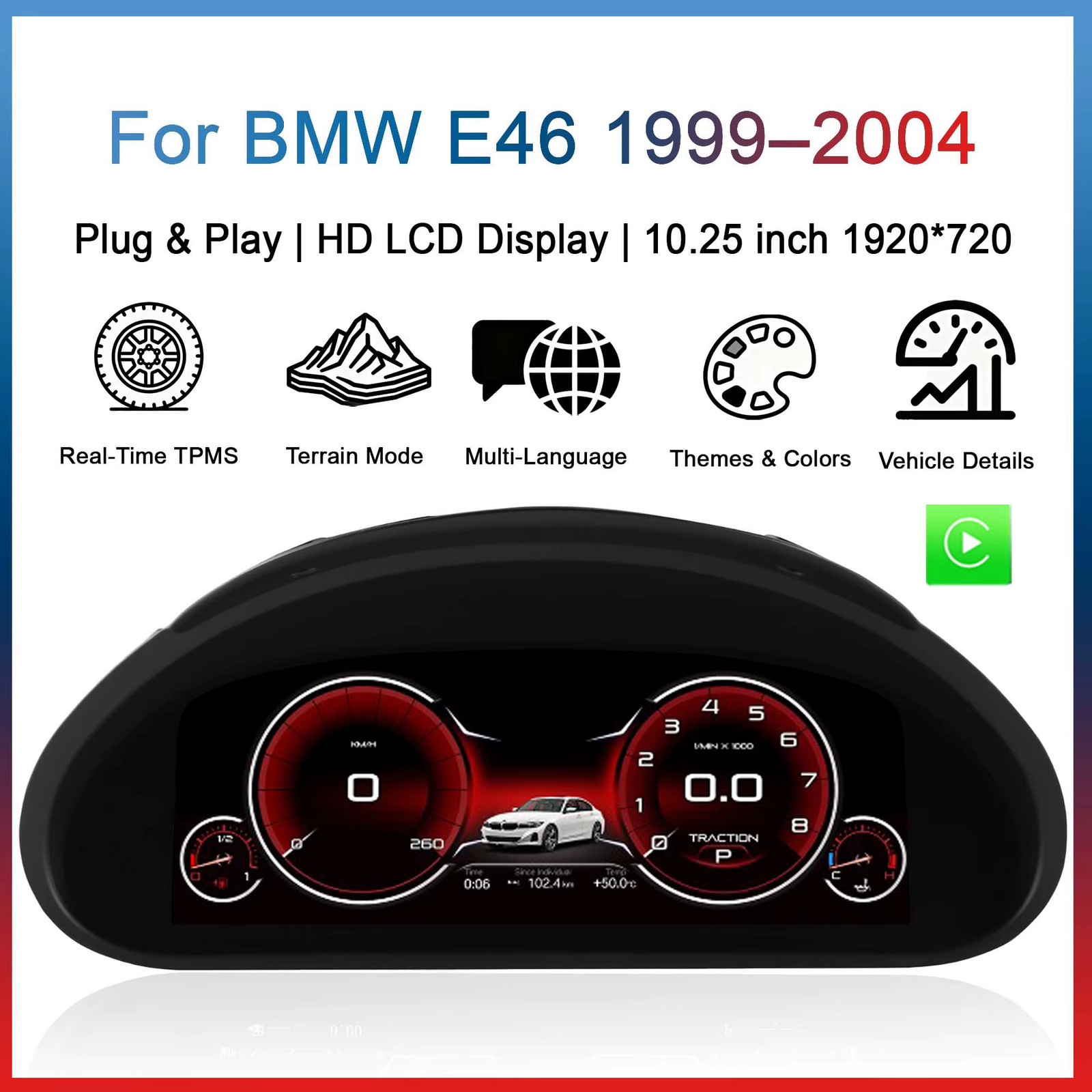 Digital instrument cluster For BMW E46 1999–2004 Wireless CarPlay Odometer,speed