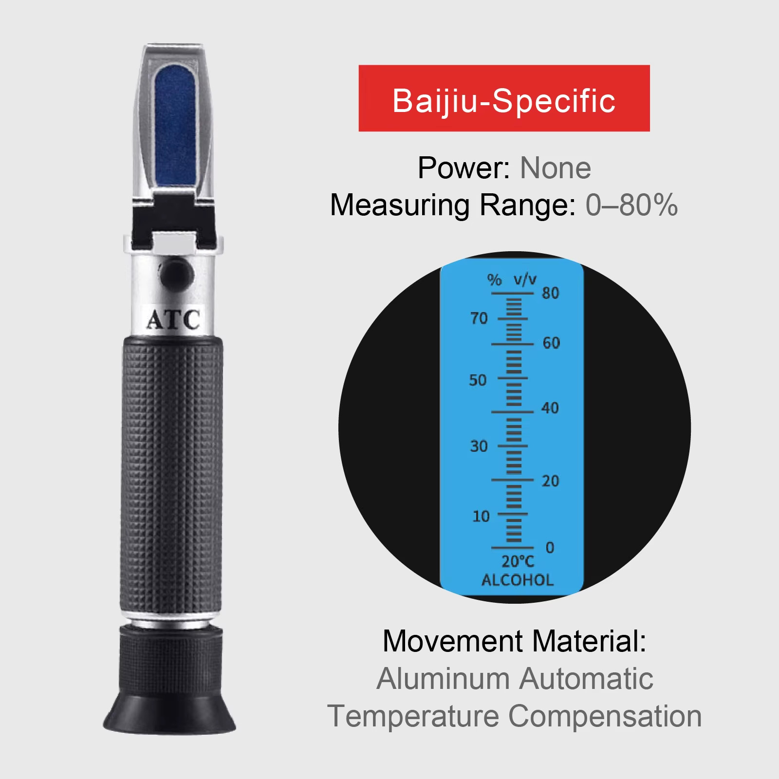 ATC Alcohol Concentration Meter Refractometer 0-80% for Spirits Wine Beer Rice W