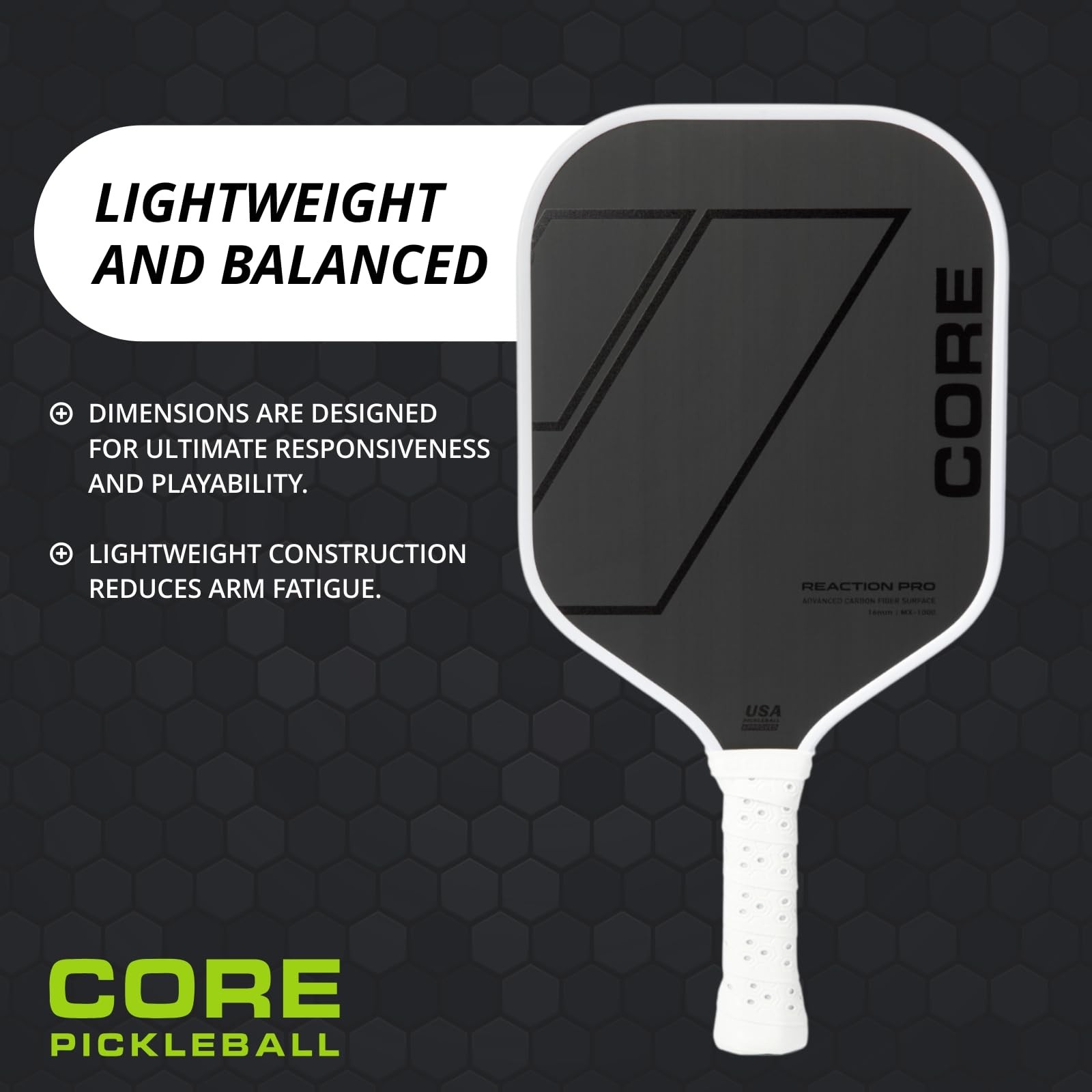 CORE Carbon Fiber Pickleball Paddle MX-1000 w/ Cover 16mm – USAPA Approved