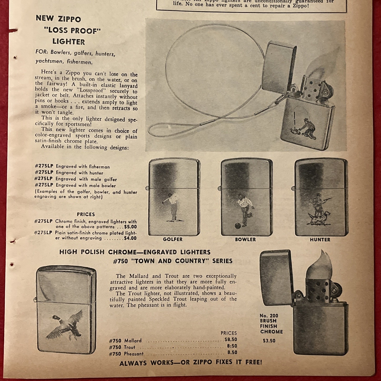 1958 ZIPPO LIGHTERS “Sports” Themed Print Ad Advertisement • Rare Ad