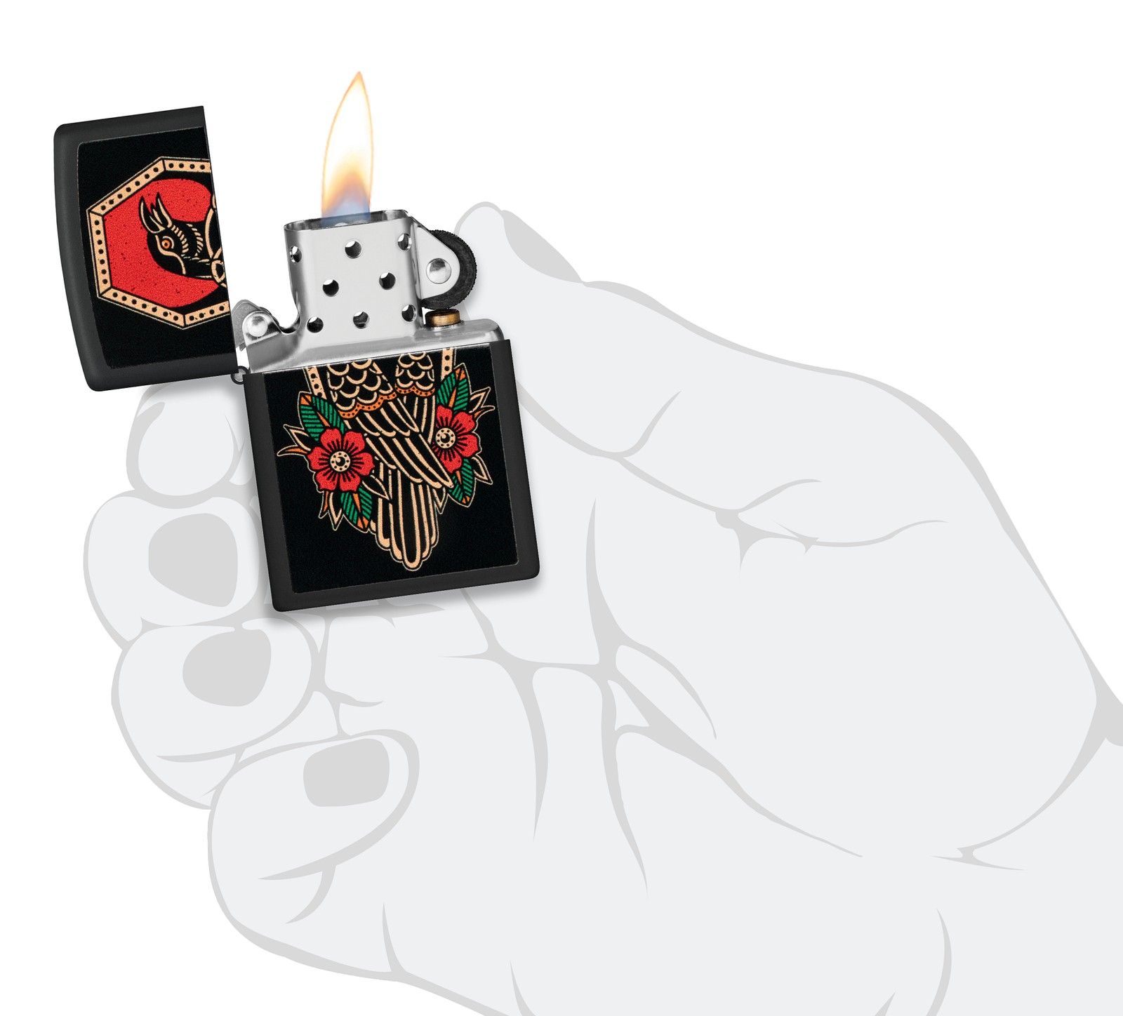Zippo Crow Tattoo Design Black Matte Windproof Pocket Lighter, 48611