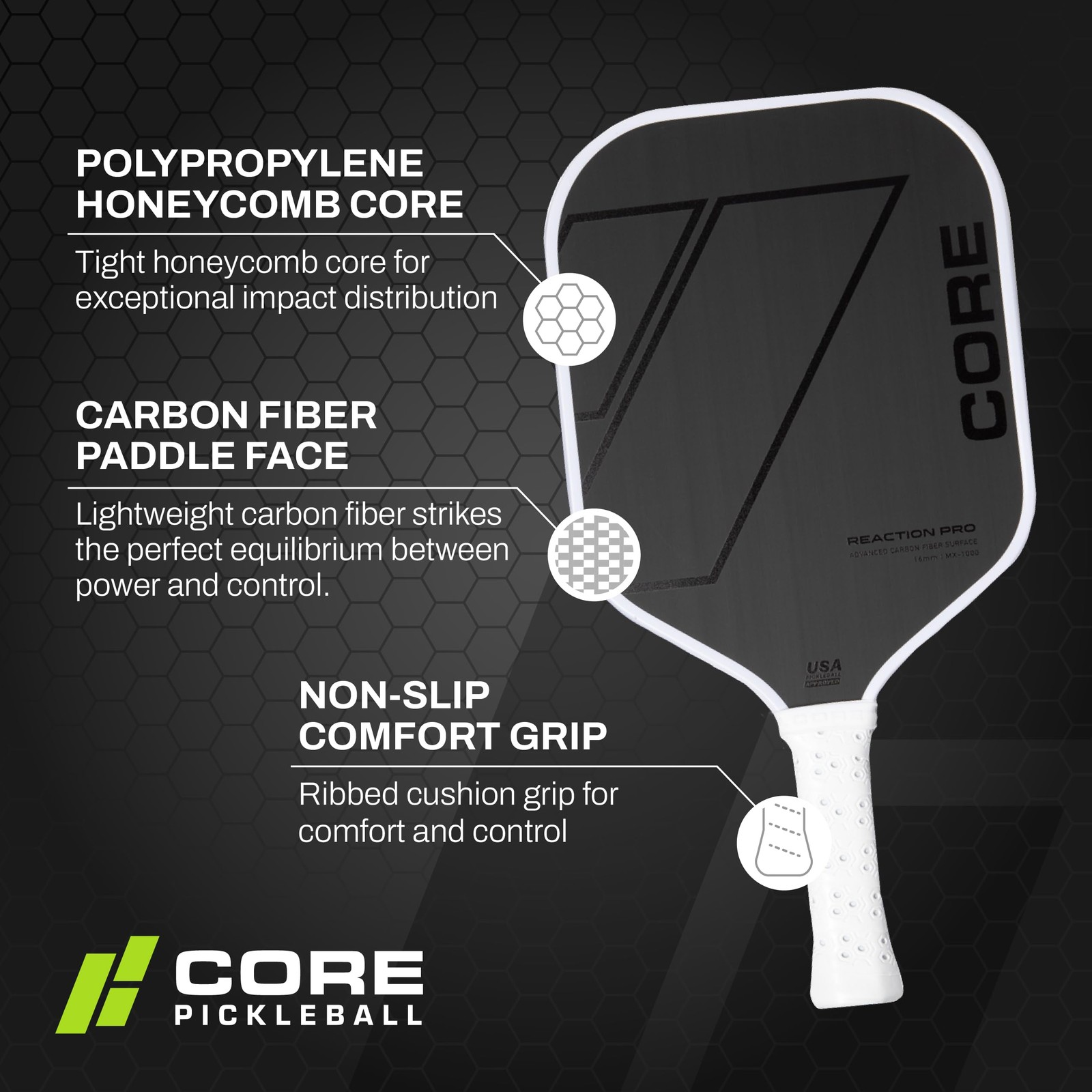 CORE Carbon Fiber Pickleball Paddle MX-1000 w/ Cover 16mm – USAPA Approved