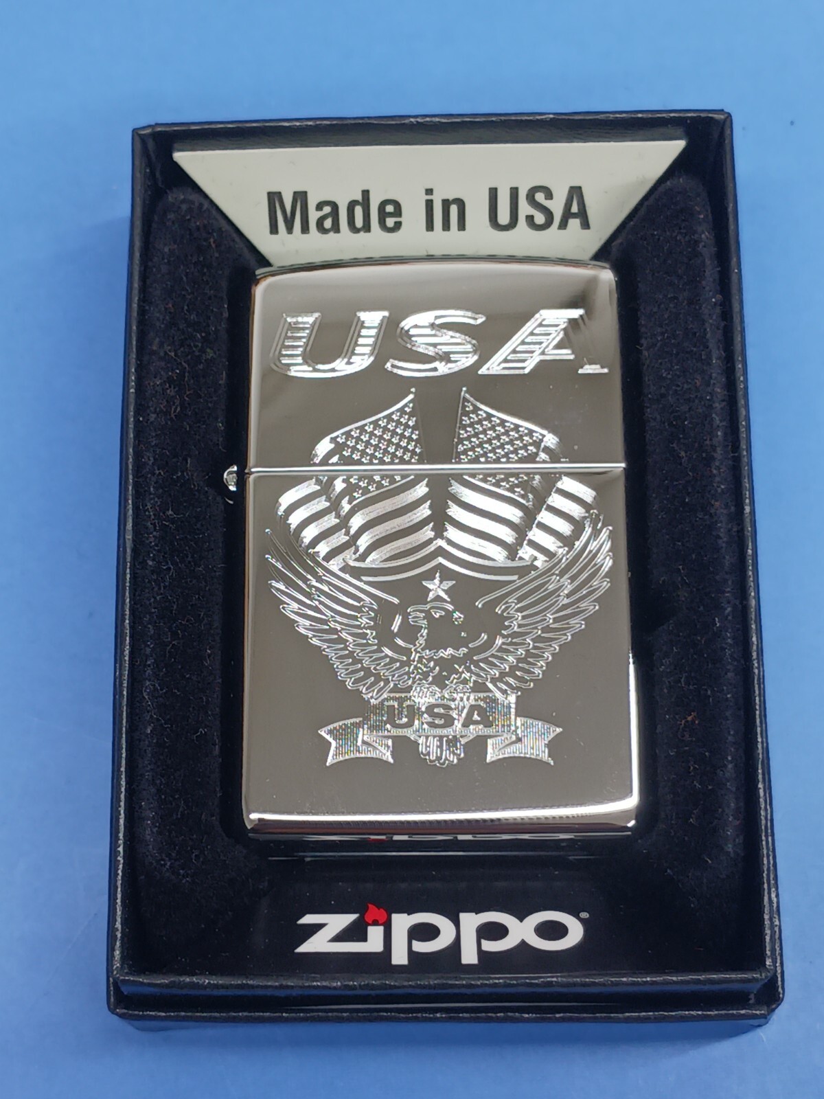 Zippo 250 Eagle Flag USA High Polish Chrome 250-03199