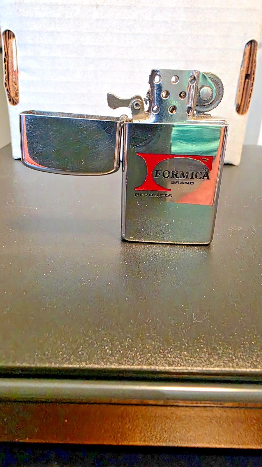 VINTAGE 1966 ZIPPO HIGH POLISH CHROME LIGHTER. FORMICA ADVERTISING. GREAT USED