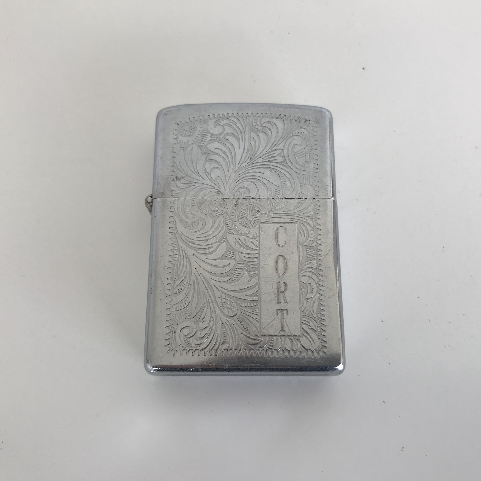 Vintage 1990s Zippo Scrolled Chrome Lighter Monogramed CORT 2 1/4″ X 1 1/2″