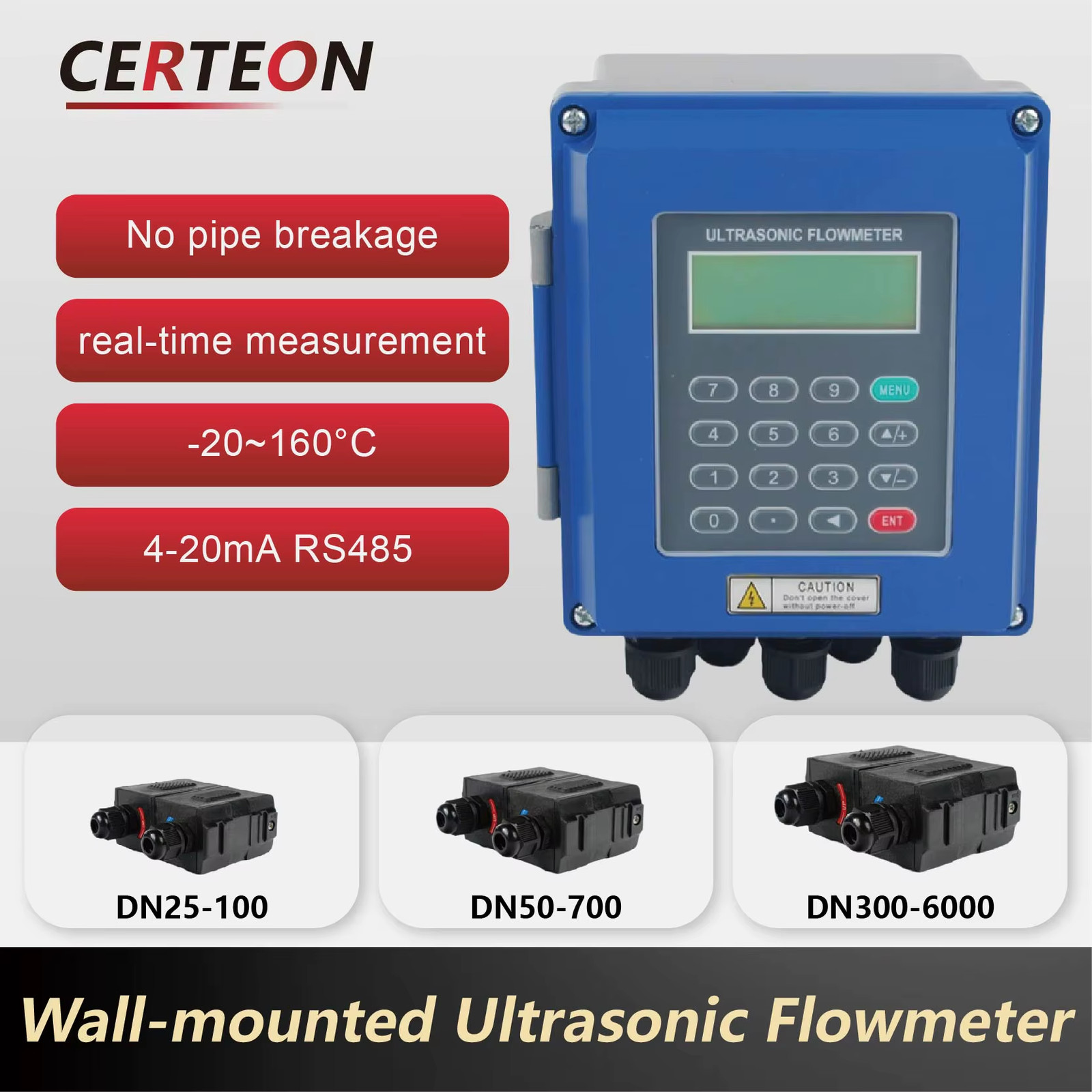TUF Ultrasonic Flow Meter Wall Mounted Fixed Type Digital Liquid Flow Sensor Inl