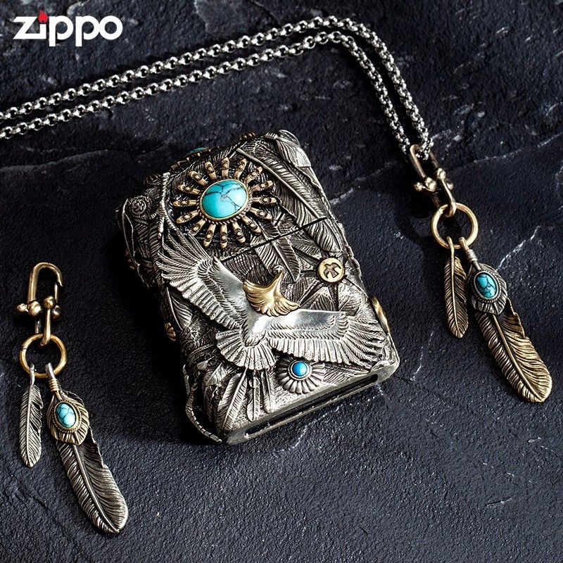 Tibetan Silver Heavy Armor Zippo Lighter – Turquoise Sun & Eagle Feathers