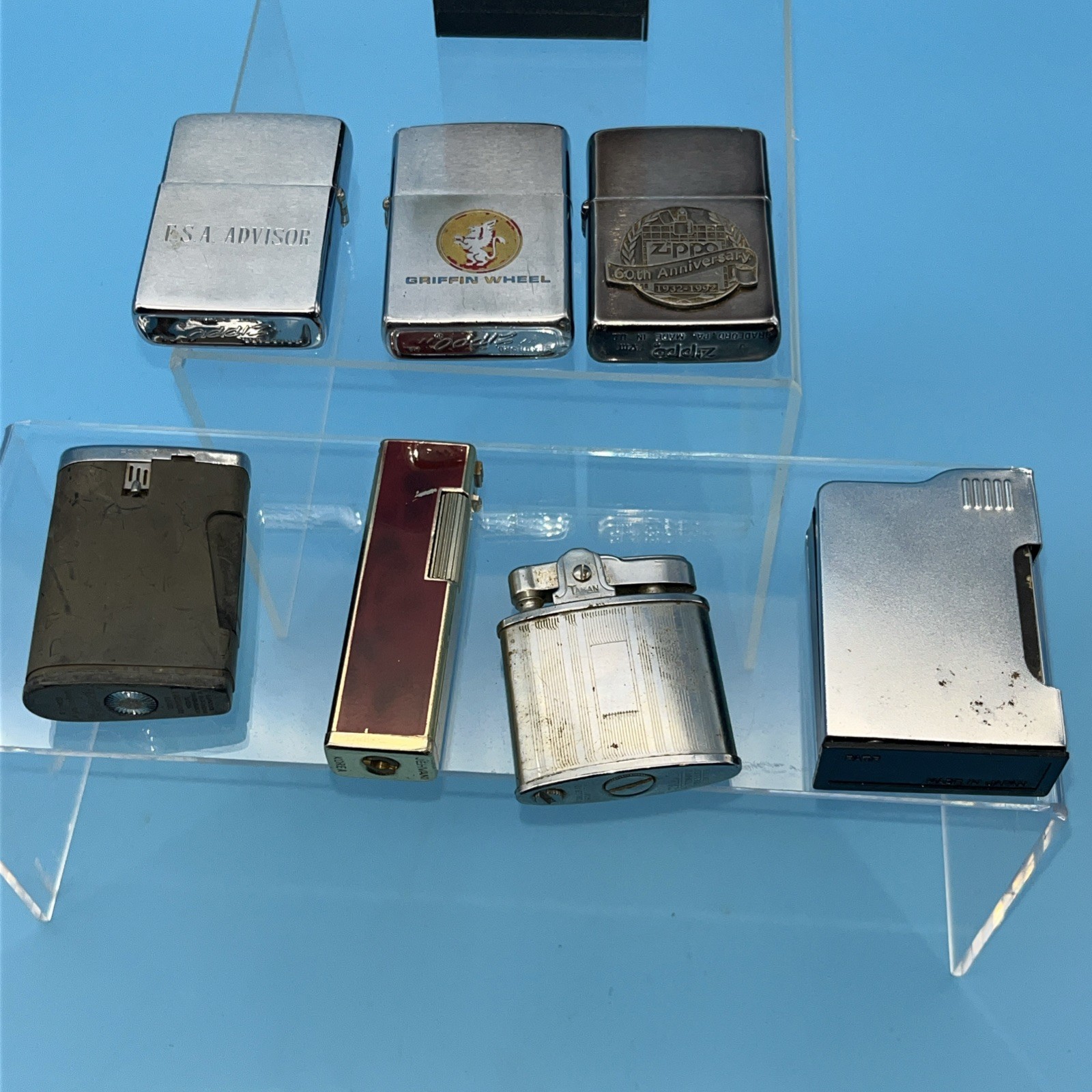7 Vtg Lighters-3 Zippo (Griffin Wheel, 60th Ann. FSA Ad) Ronson, Taban, Jehvani
