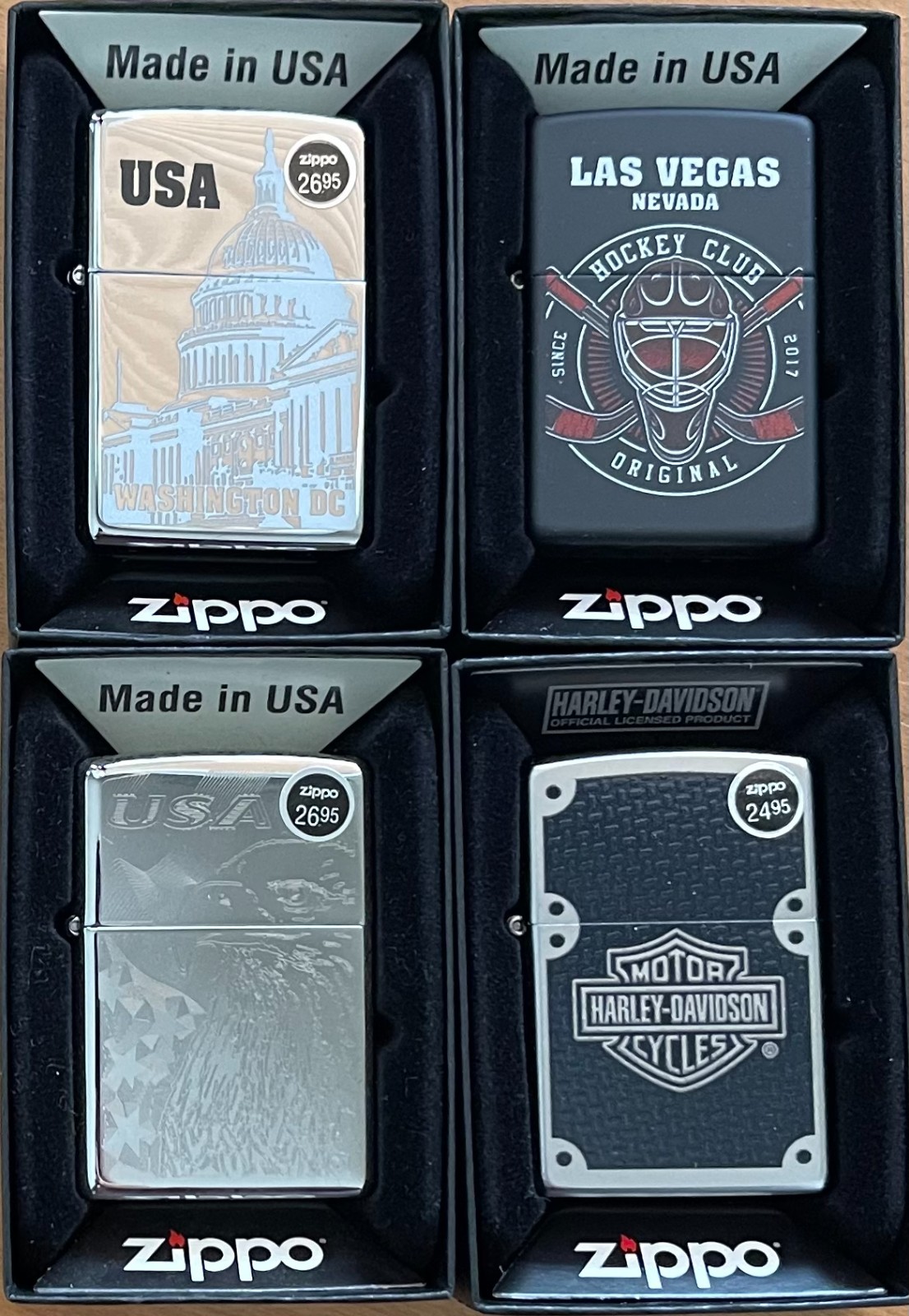 Zippo Lighter, Laser Lettering Pattern Windproof New in Box Made in USA 4 Pieces