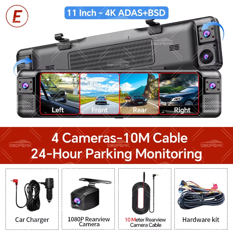 4CH 11 Inch 4K+1K+1K+1K Rearview Mirror 360° Dash Cam ADAS BSD WiFi Night Vision