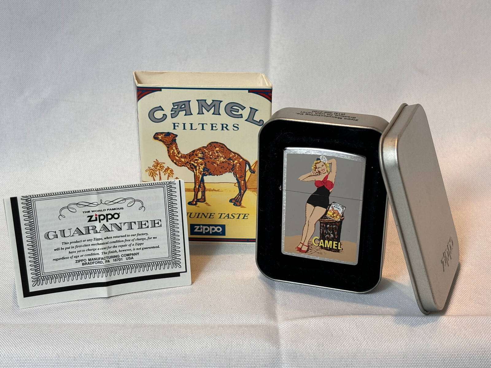 1997 Zippo Camel Lighter 1950’s Style Blonde Girl Sticker Sealed In Tin