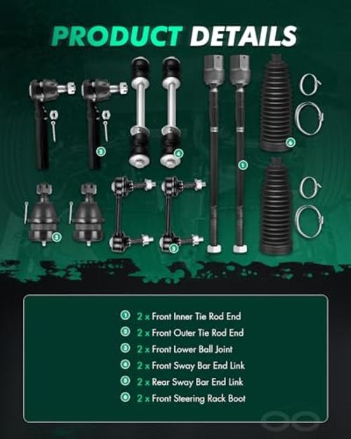 12pcs Suspension Kit Front Outer Inner Tie Rod End w/Boot Replacement for