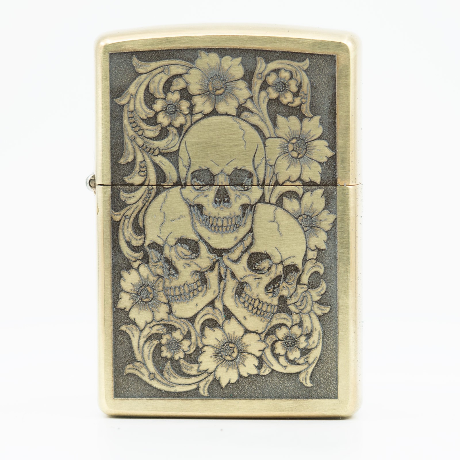 All Brass Zippo Lighter Engraved Three Skull with Western Scrolls