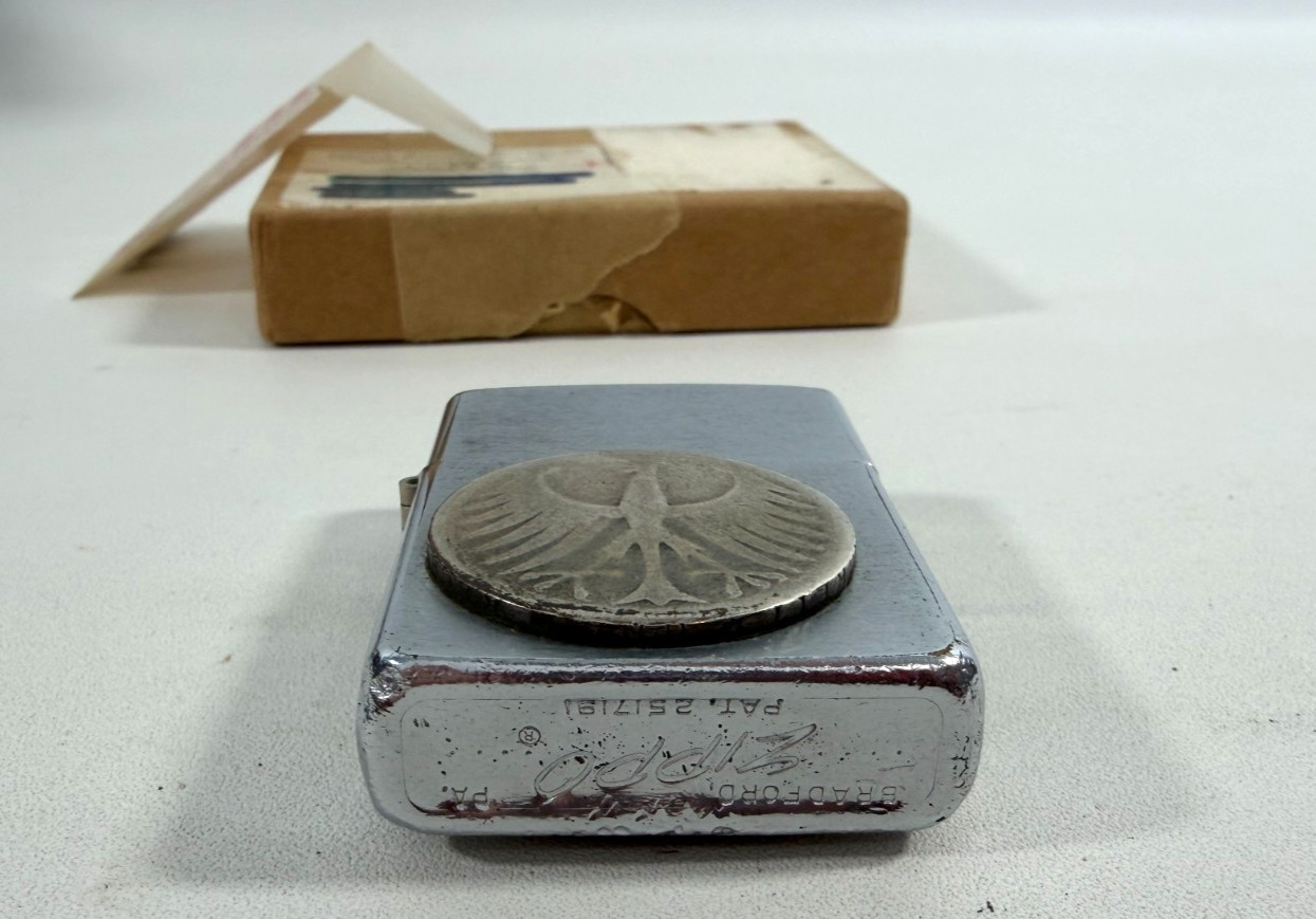 1950s Zippo Lighter w. Silver Deutsche Mark & US ARMY 17th Battalion Vet Coins