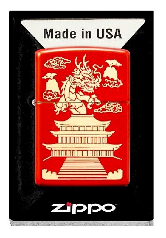 ZIPPO LIGHTER – CHINESE DRAGON & TEMPLE – ENGRAAVED – METALLIC RED – MADE N USA