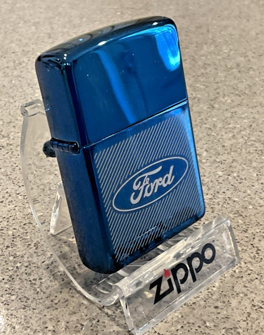 Genuine Brand New 2003 ZIPPO Lighter Unusual FROSTED FORD LOGO Blue Chrome Case