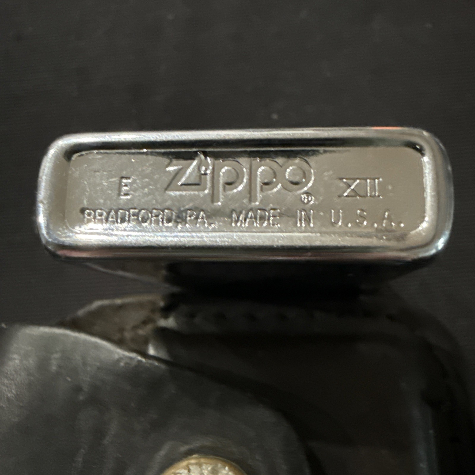 Vintage Chrome Zippo Lighter # E XII W/Leather Belt Clip Holder
