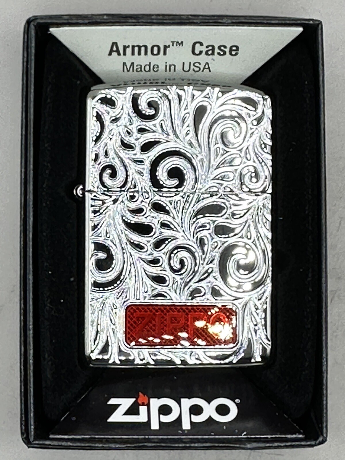 Swirl Pattern Deep Carved Design Chrome Armor Zippo Lighter Red Insert NEW 49880