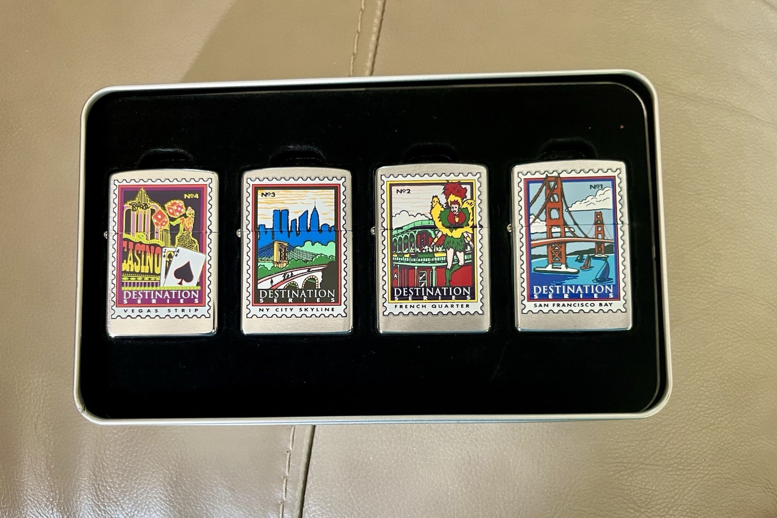 New Zippo Destination Series 4 Lighter Set SF New Orleans NYC Las Vegas Tin Box