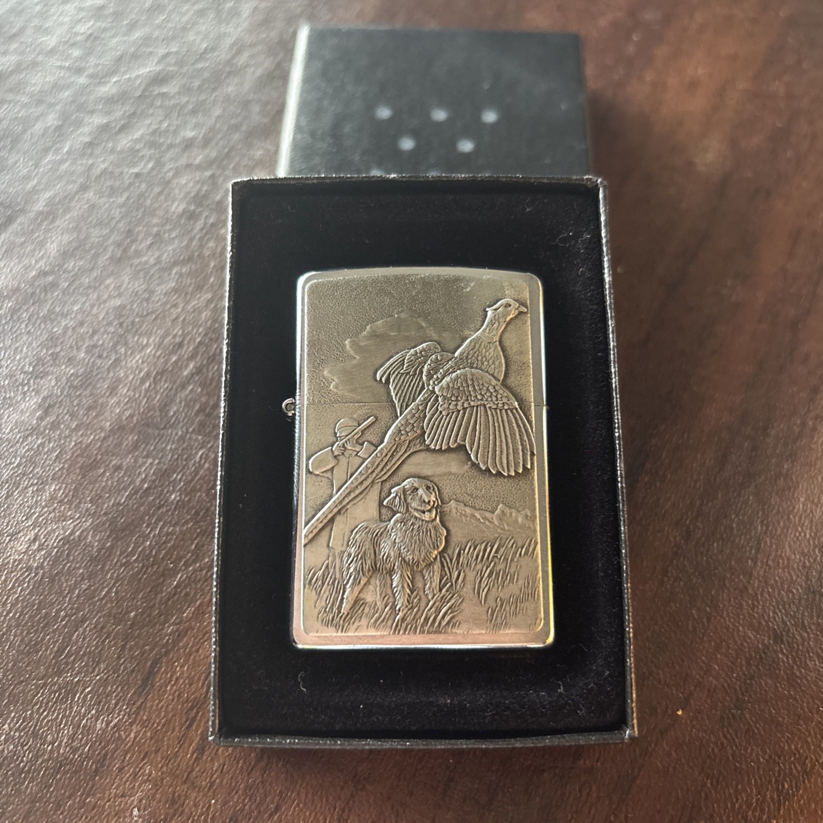 Zippo FLUSHING PHEASANT Hunter, Bird Dog, Bird 20853 ’07 Pewter 3D NEVER FIRED