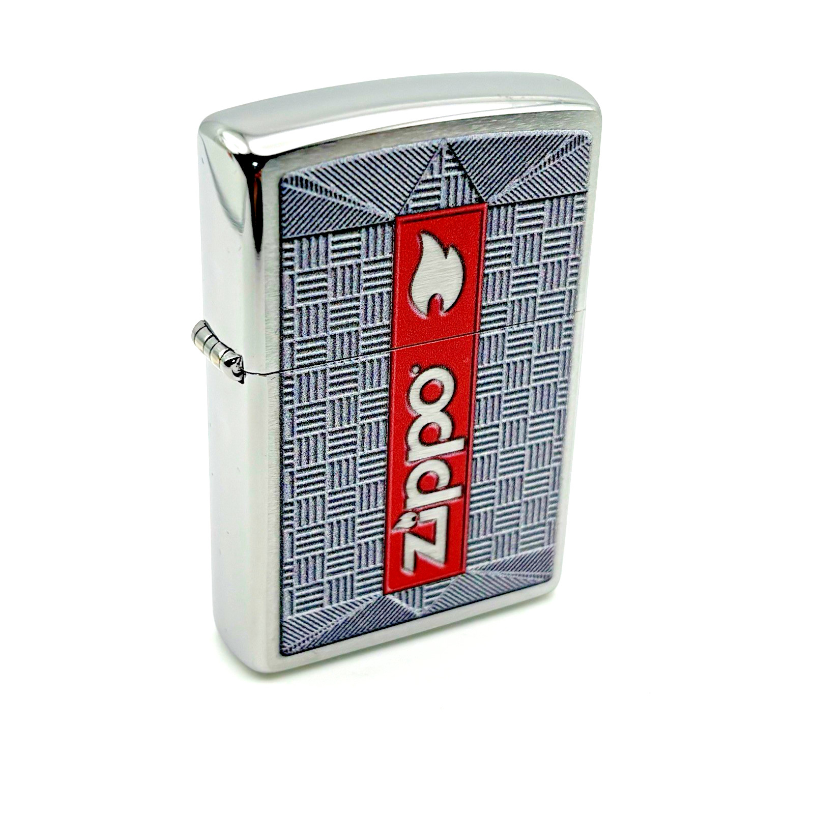 Zippo White Flame Lighter Brushed Chrome Red Emblem 200 Windproof New in Box