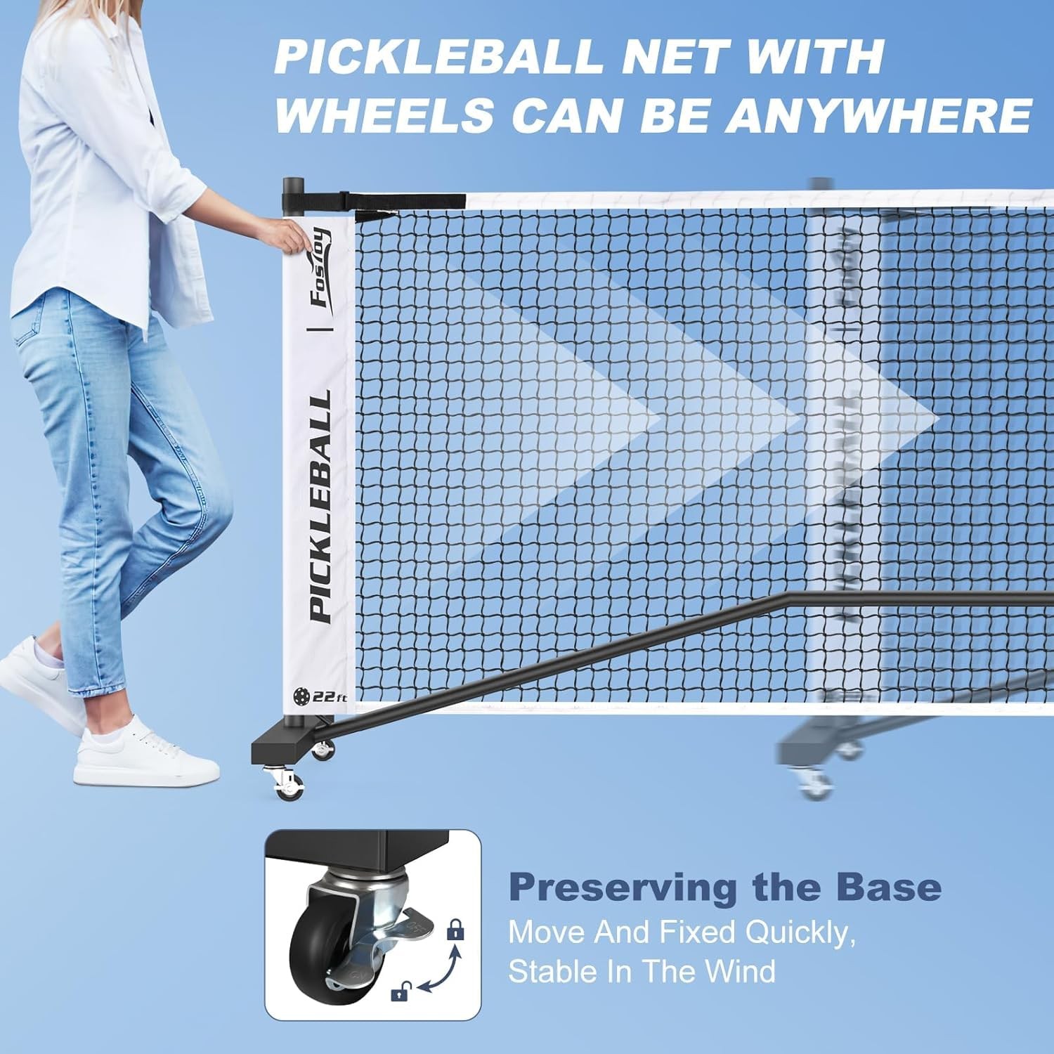 Fostoy Portable Pickleball Net Wheels 22ft 4 Paddles 6 Balls Carry Bag