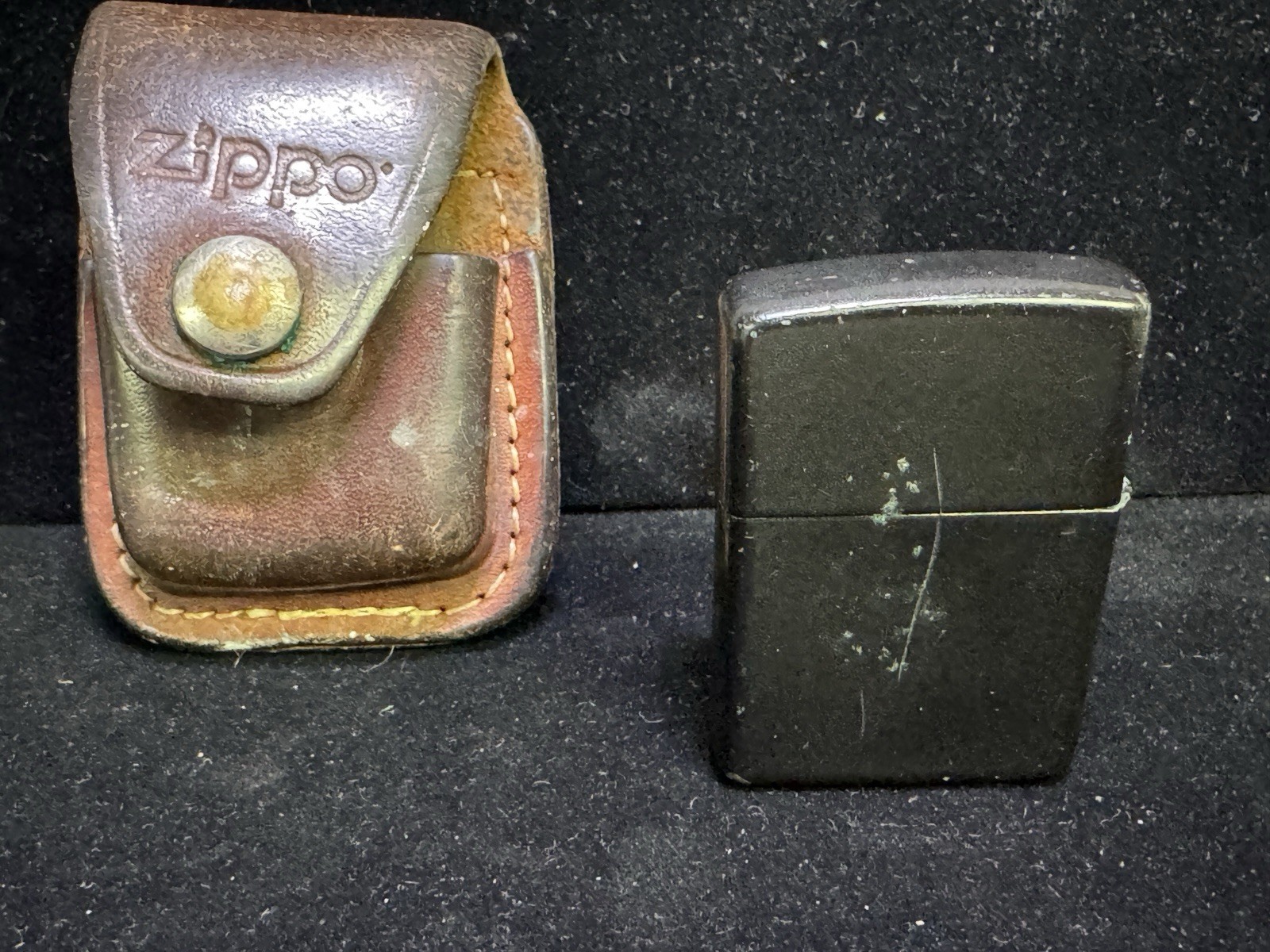 Zippo vintage Lighter K XII Black with brown leather belt holder USA tobacco