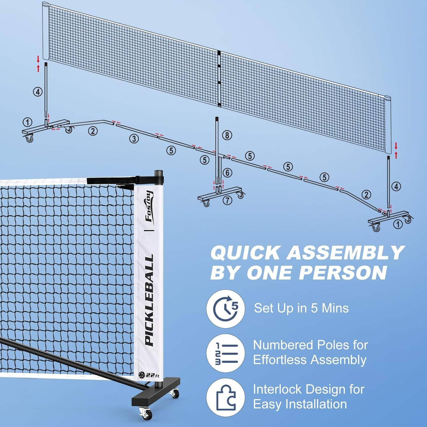 Fostoy Portable Pickleball Net Wheels 22ft 4 Paddles 6 Balls Carry Bag