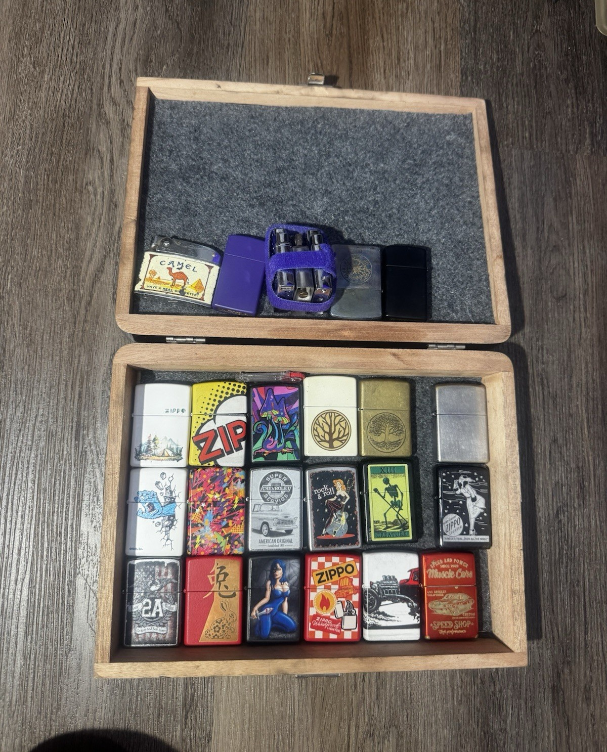 Zippo Lighter Lot w/ Wooden Box, Inserts & Cohiba Black Tin/Case