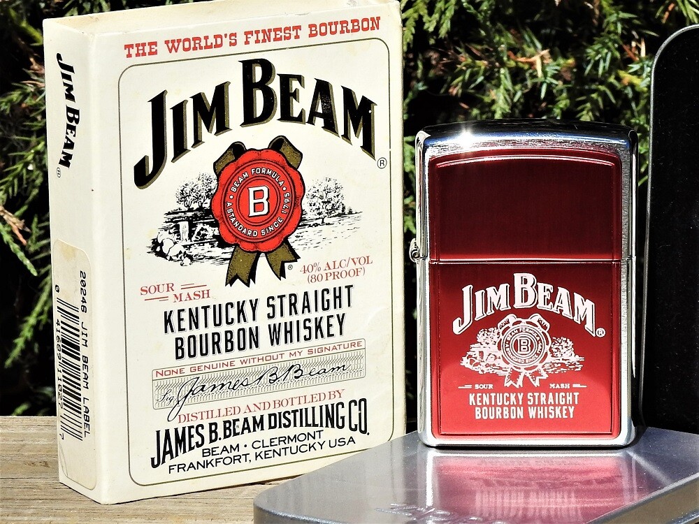 Jim Beam Label Zippo Lighter – Red Anodized – Kentucky Straight Bourbon Whiskey