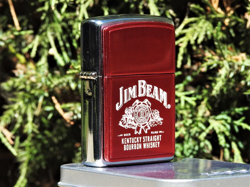 Jim Beam Label Zippo Lighter – Red Anodized – Kentucky Straight Bourbon Whiskey