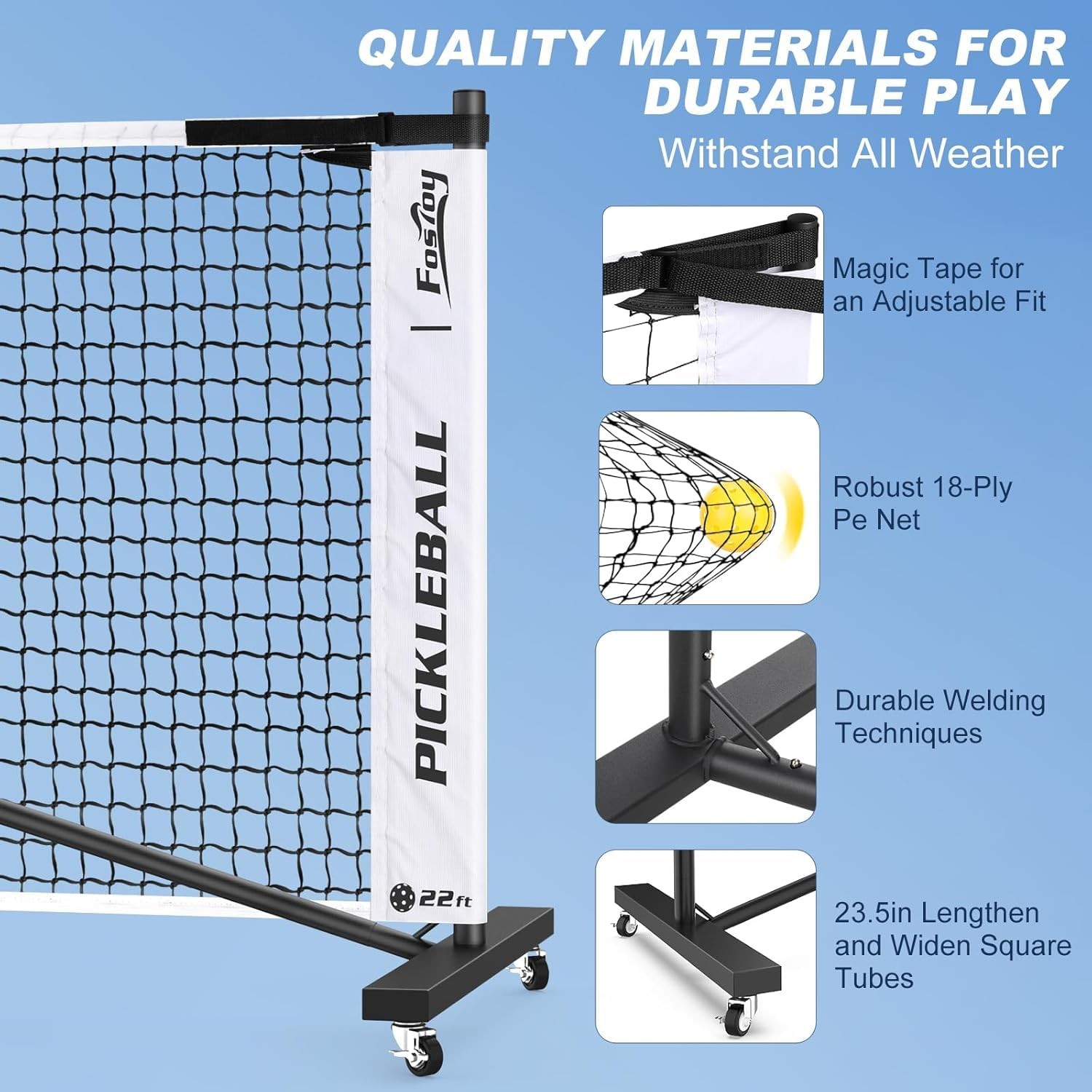 Fostoy Portable Pickleball Net Wheels 22ft 4 Paddles 6 Balls Carry Bag