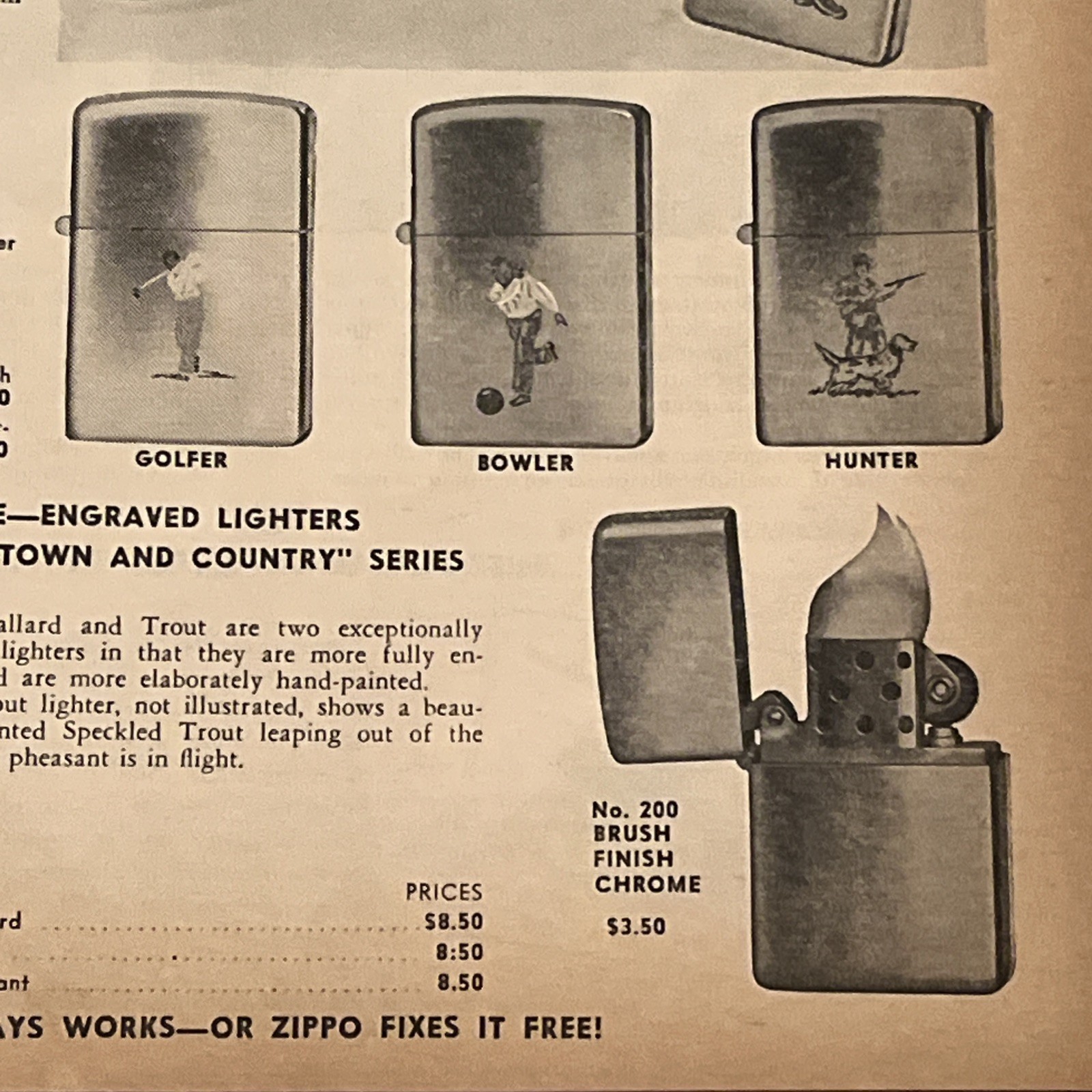 1958 ZIPPO LIGHTERS “Sports” Themed Print Ad Advertisement • Rare Ad