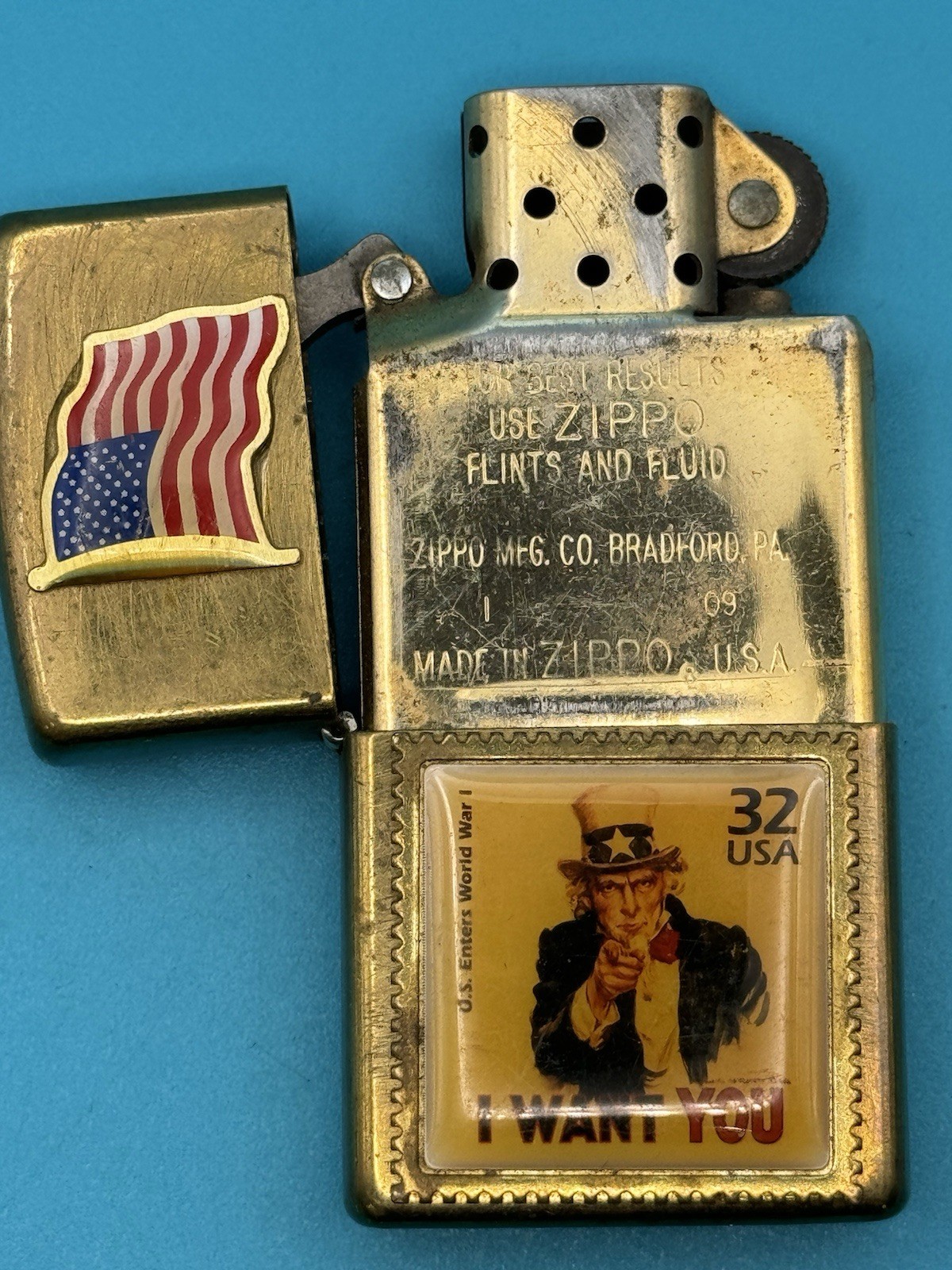 Vintage 2009 I Want You WWI US Flag Brass Zippo Lighter
