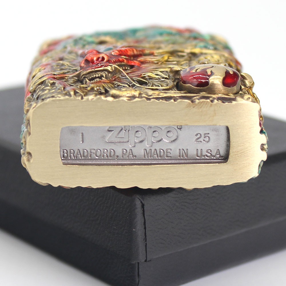 Zippo lighter Asia Full Cover Custom/ 3D Double Dragon Bite Cintamani Wooden Box