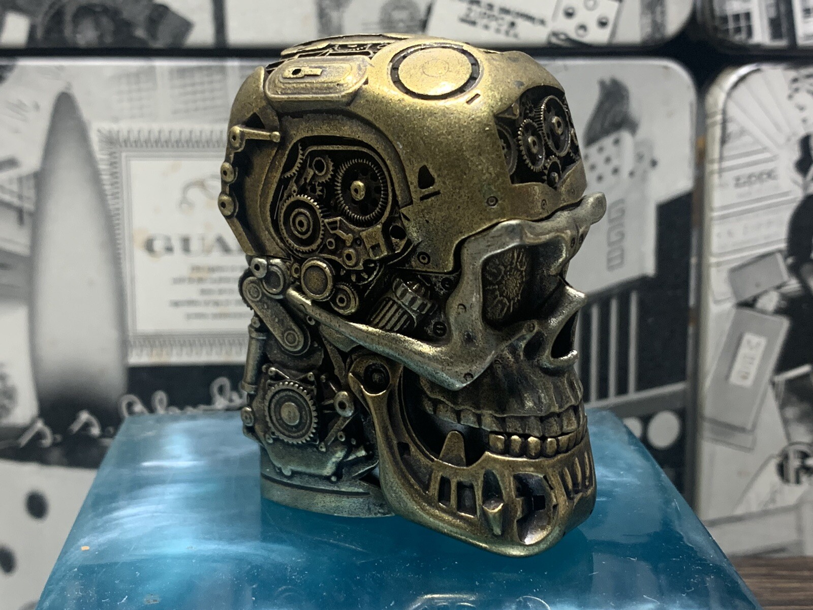 Zippo Armor Skull Pattern Metal 5 Sided Etching Heavy Lighter With Wood Box