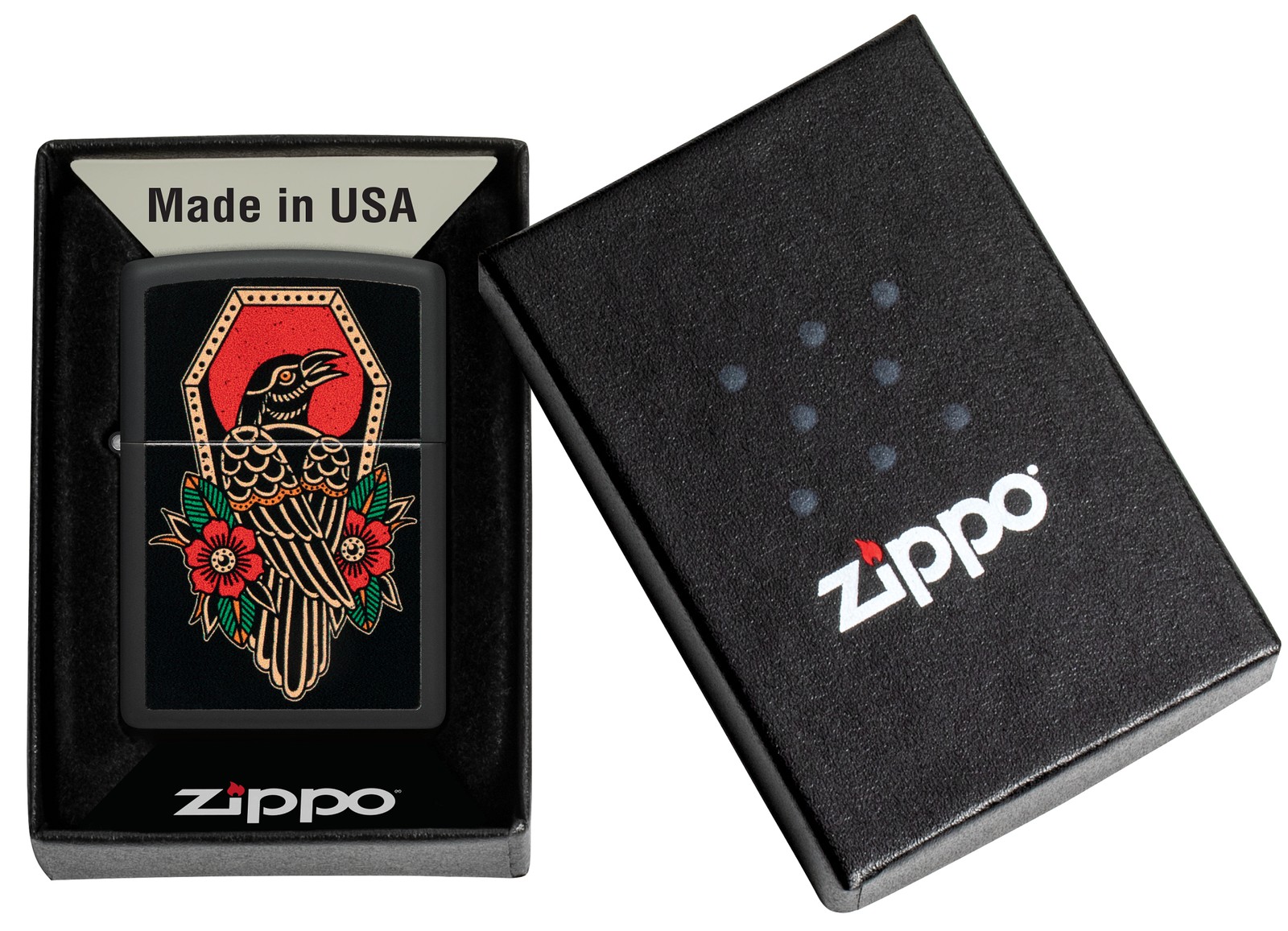 Zippo Crow Tattoo Design Black Matte Windproof Pocket Lighter, 48611