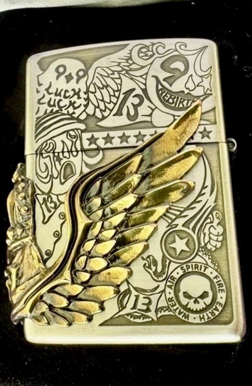 Zippo Lighter Fortune Head Lucky Owl Crown Skull 3 Sided Metal Gold Silver Brass