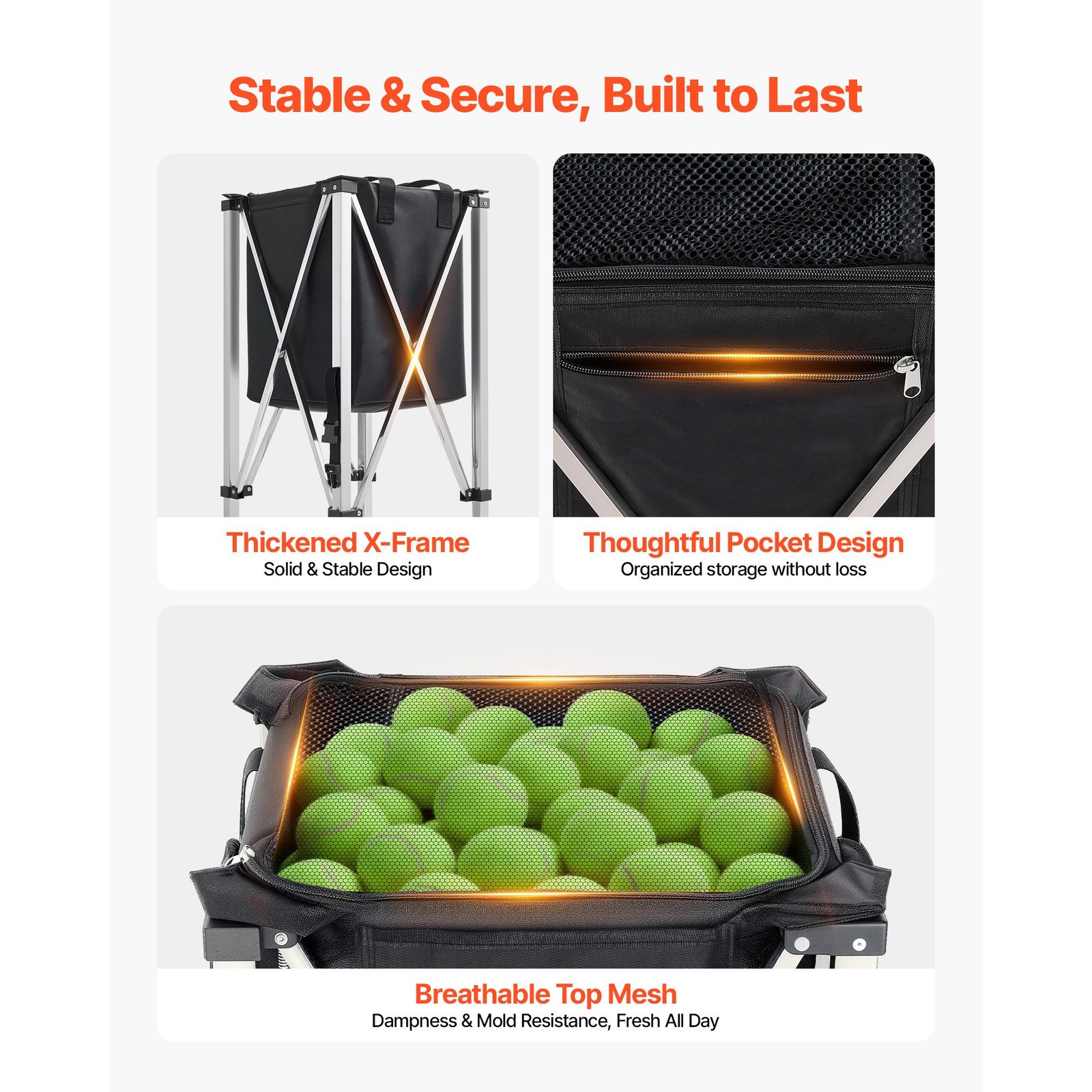 Foldable tennis ball hopper holds 200 balls with wheels and storage bag