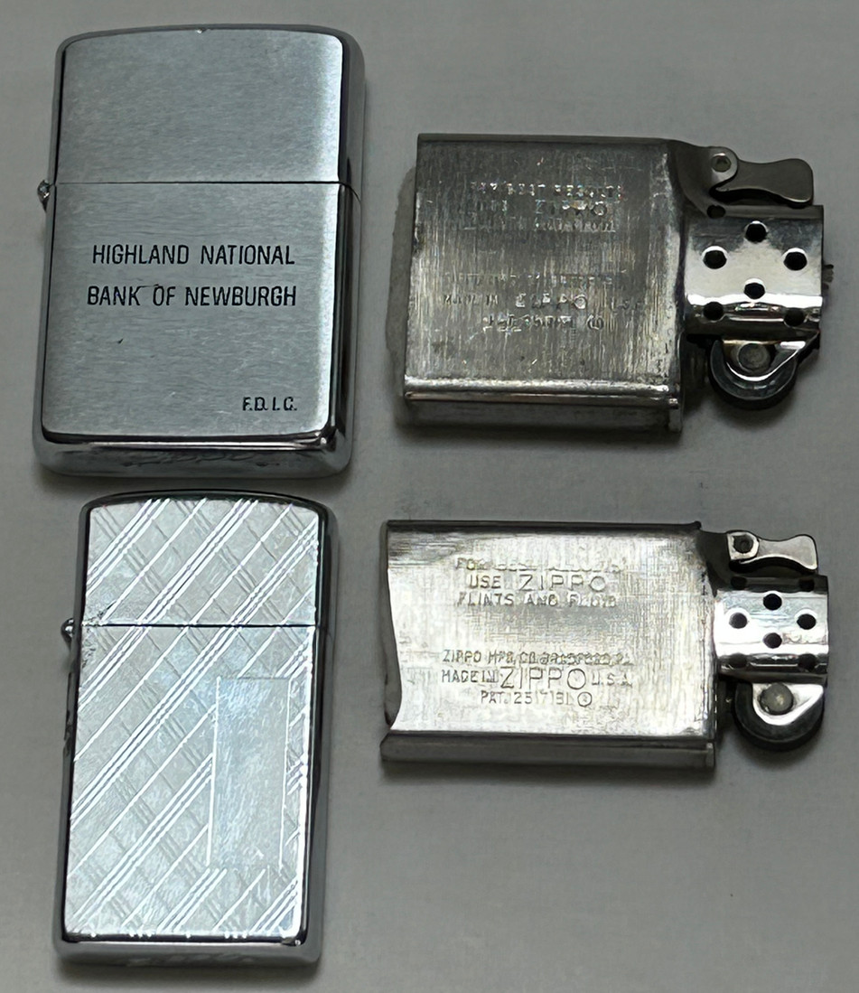 2 Vintage Zippo Lighters Highland National Bank of Newburgh & Plaid w/ Stripes