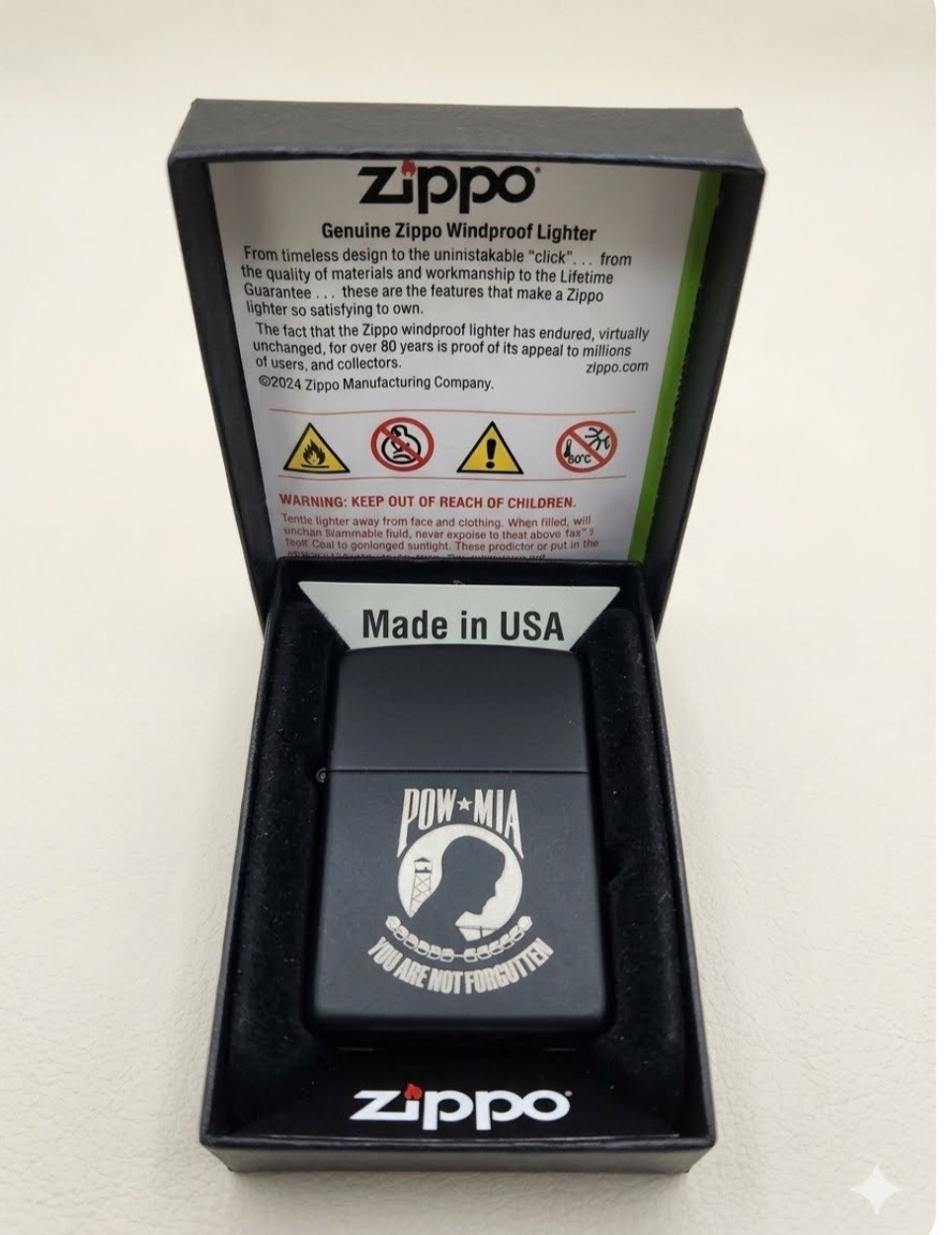 Zippo 218 Classic Black Matte Pocket Lighter Engraved POW/MIA
