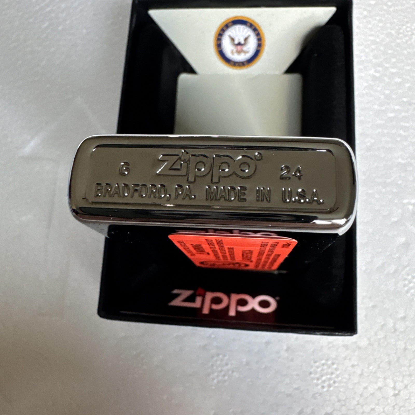 Zippo US Navy Logo with Aircraft Carrier on Chrome Silver Lighter – 250 – New