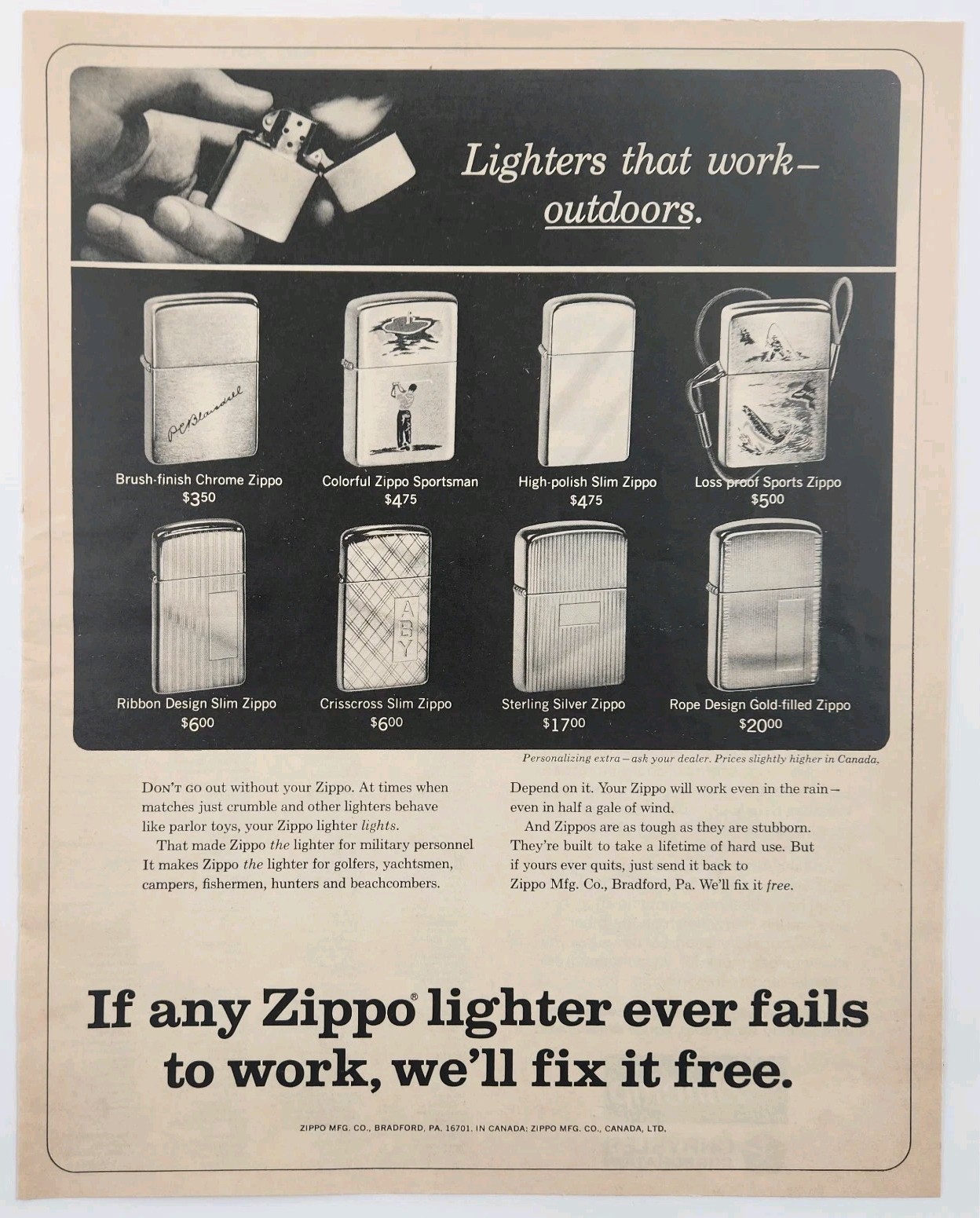 1966 Zippo Lighters Sterling Silver Slim Sports Retro Original Print Ad 1960s