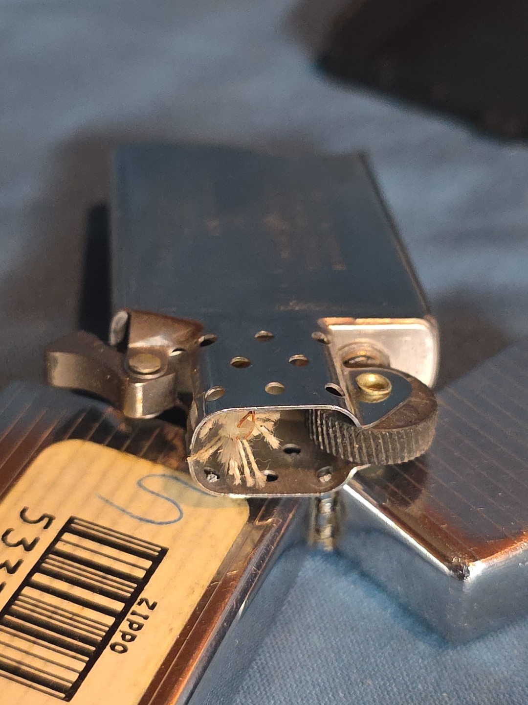 1970’s Zippo Lighter – Vertical Pinstripe Argyle- Slim Chrome Lighter