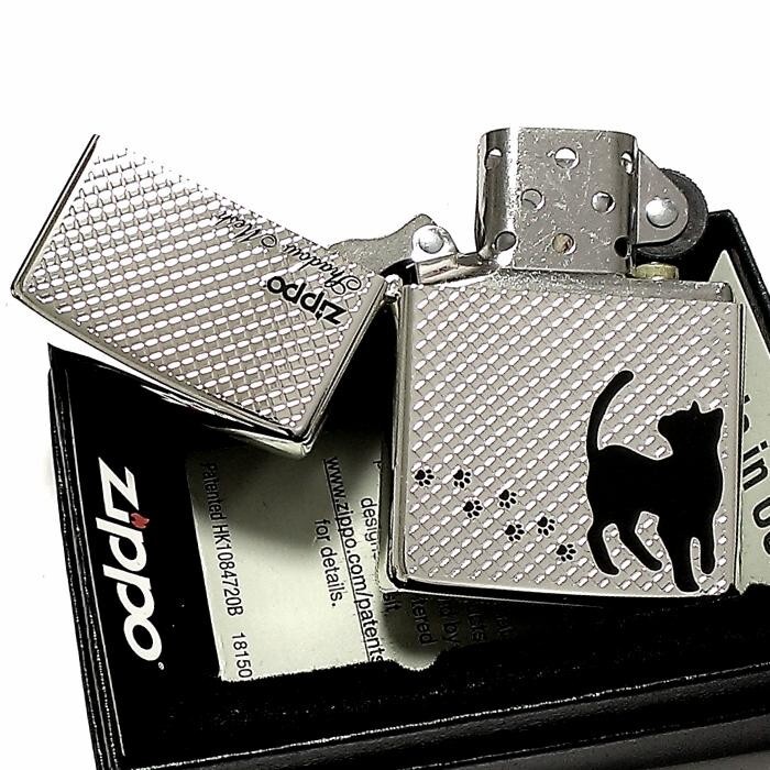Zippo Oil Lighter Mesh Cat Footprints Silver Black Etching Regular Case Japan