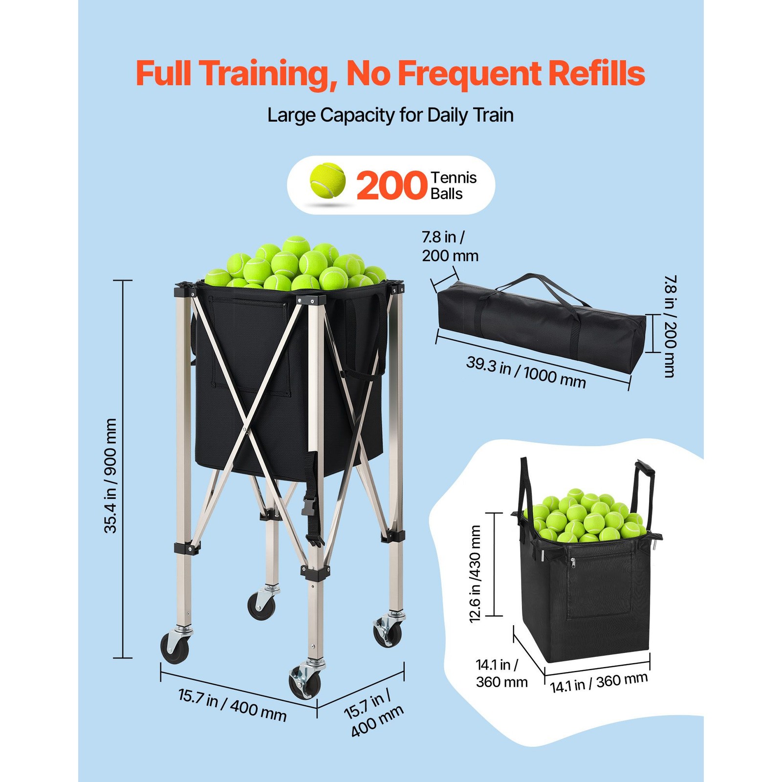 Foldable tennis ball hopper holds 200 balls with wheels and storage bag