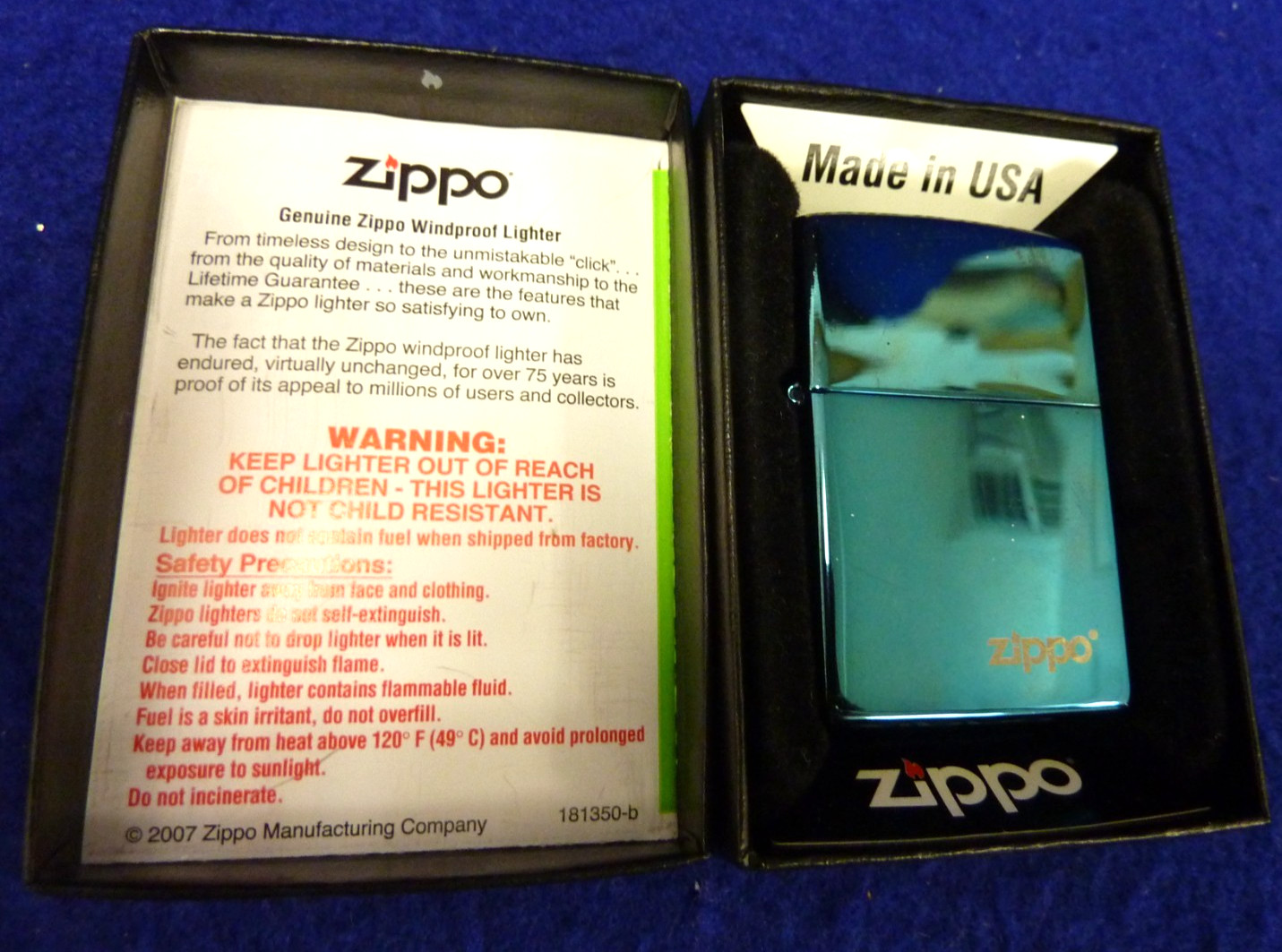 RARE ZIPPO BLUE METALLIC WINDPROOF FLIP TOP LIGHTER IN ORIGINAL BOX