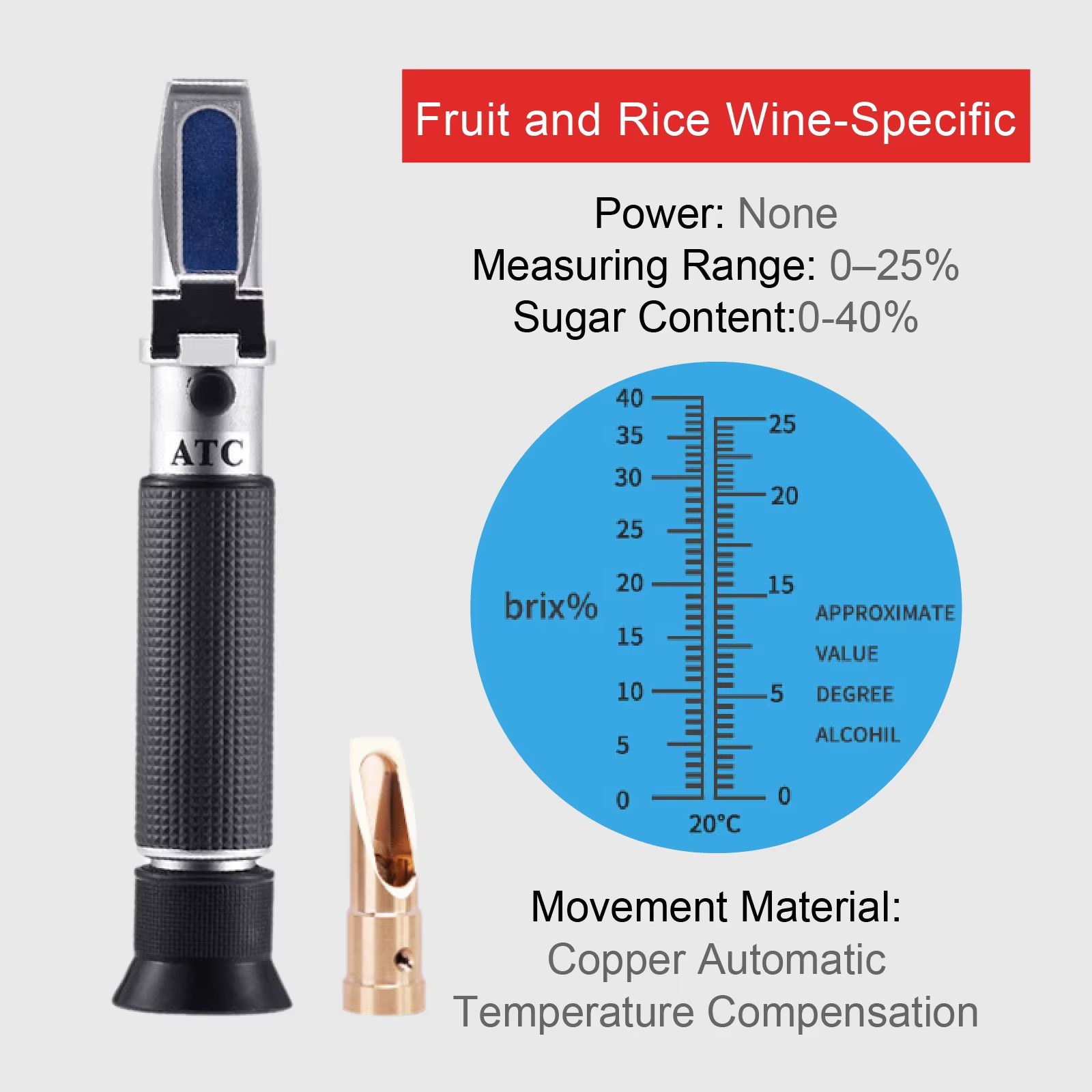ATC Alcohol Concentration Meter Refractometer 0-80% for Spirits Wine Beer Rice W