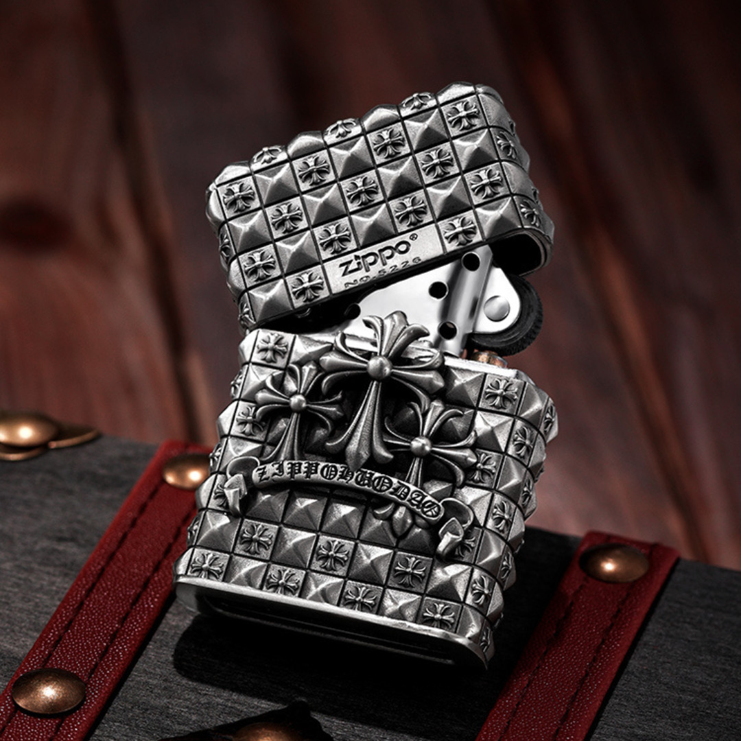 Zippo Silver Heavy Armor Cross Lighter – Engraved Windproof Design