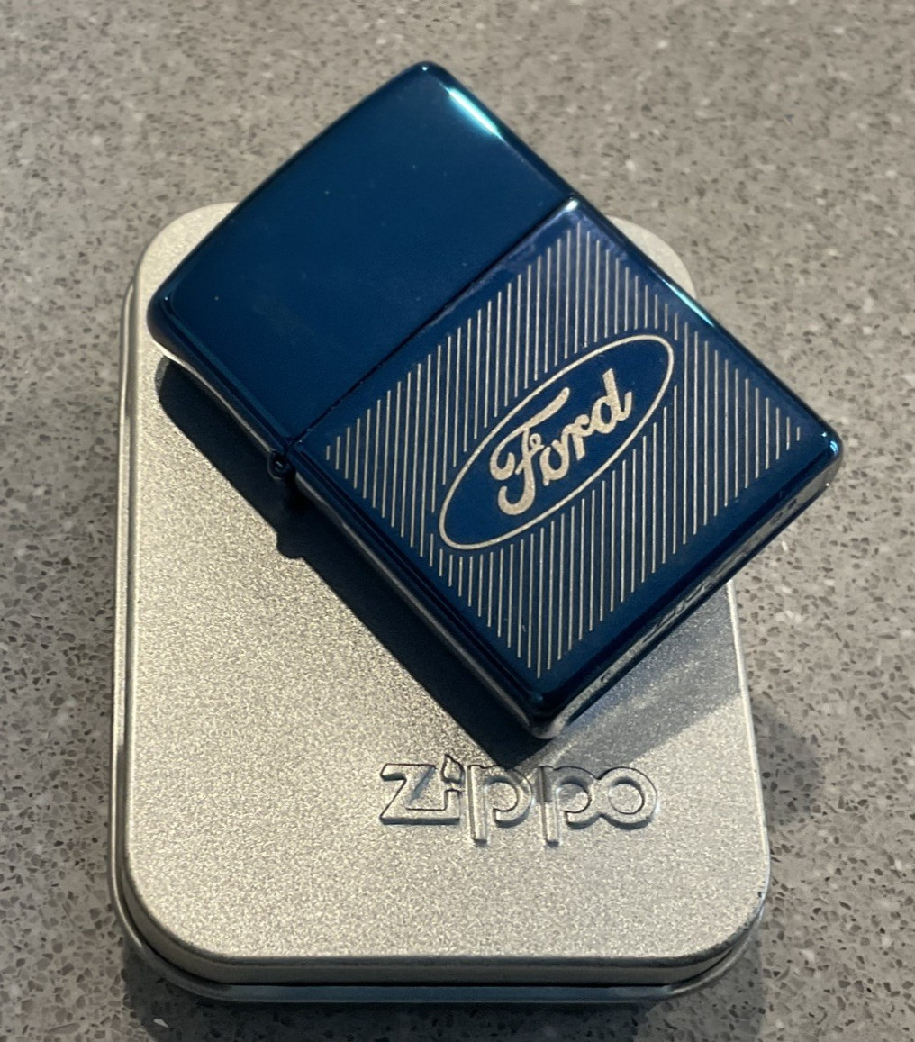 Genuine Brand New 2003 ZIPPO Lighter Unusual FROSTED FORD LOGO Blue Chrome Case